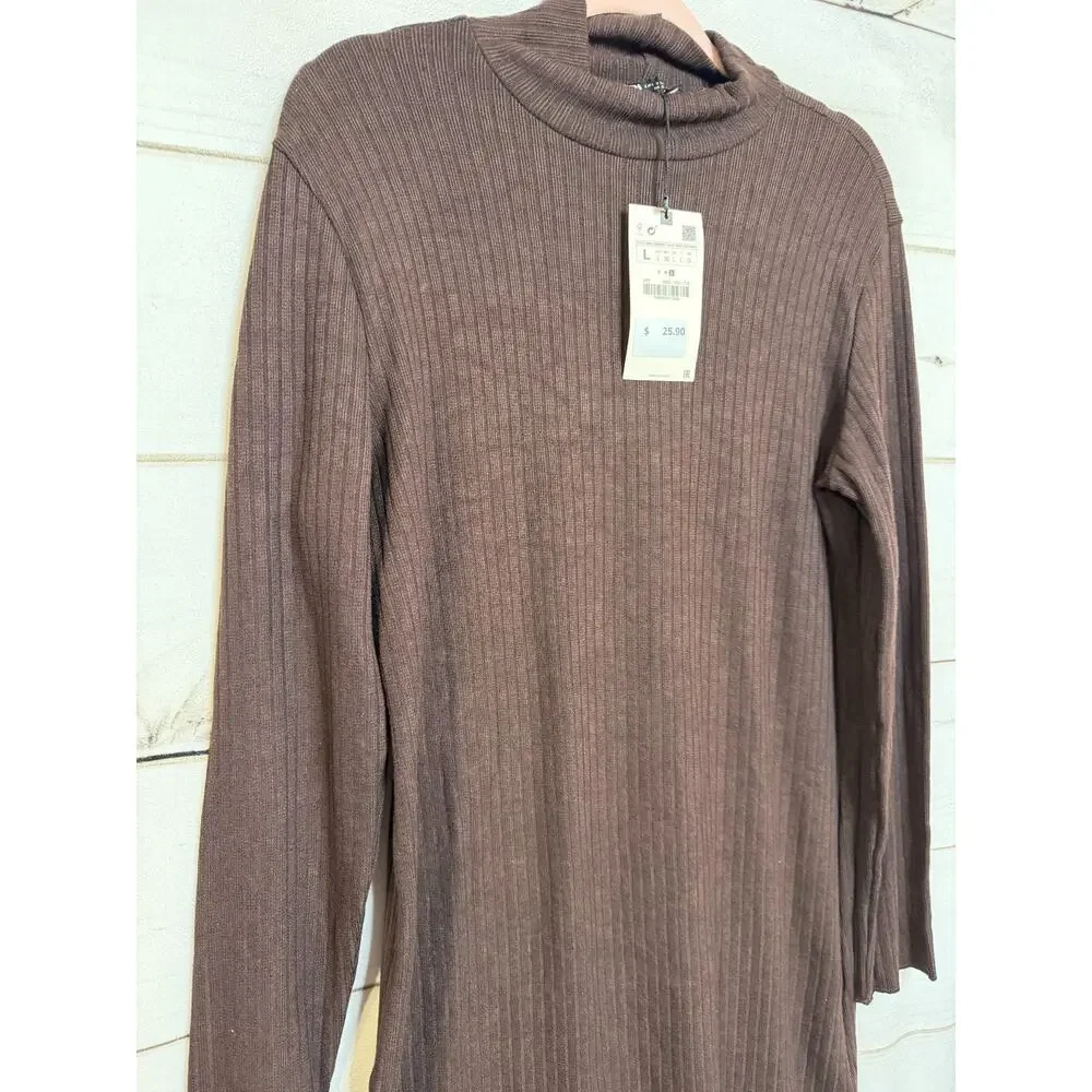 Zara NWT Brown Sweater‎ Ribbed High Neck Winter Ready Comfy Fit L